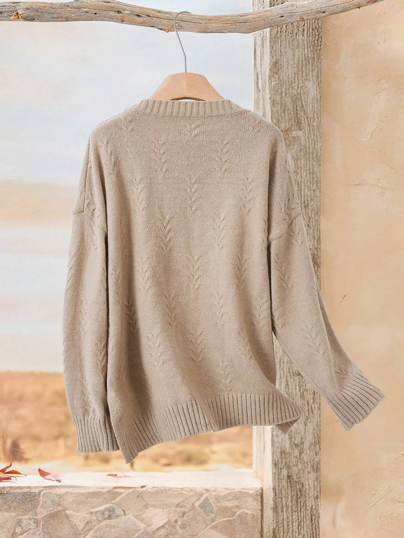 SHEIN EMERY ROSE Women's V-Neck Cable Knit Long Sleeve Sweater