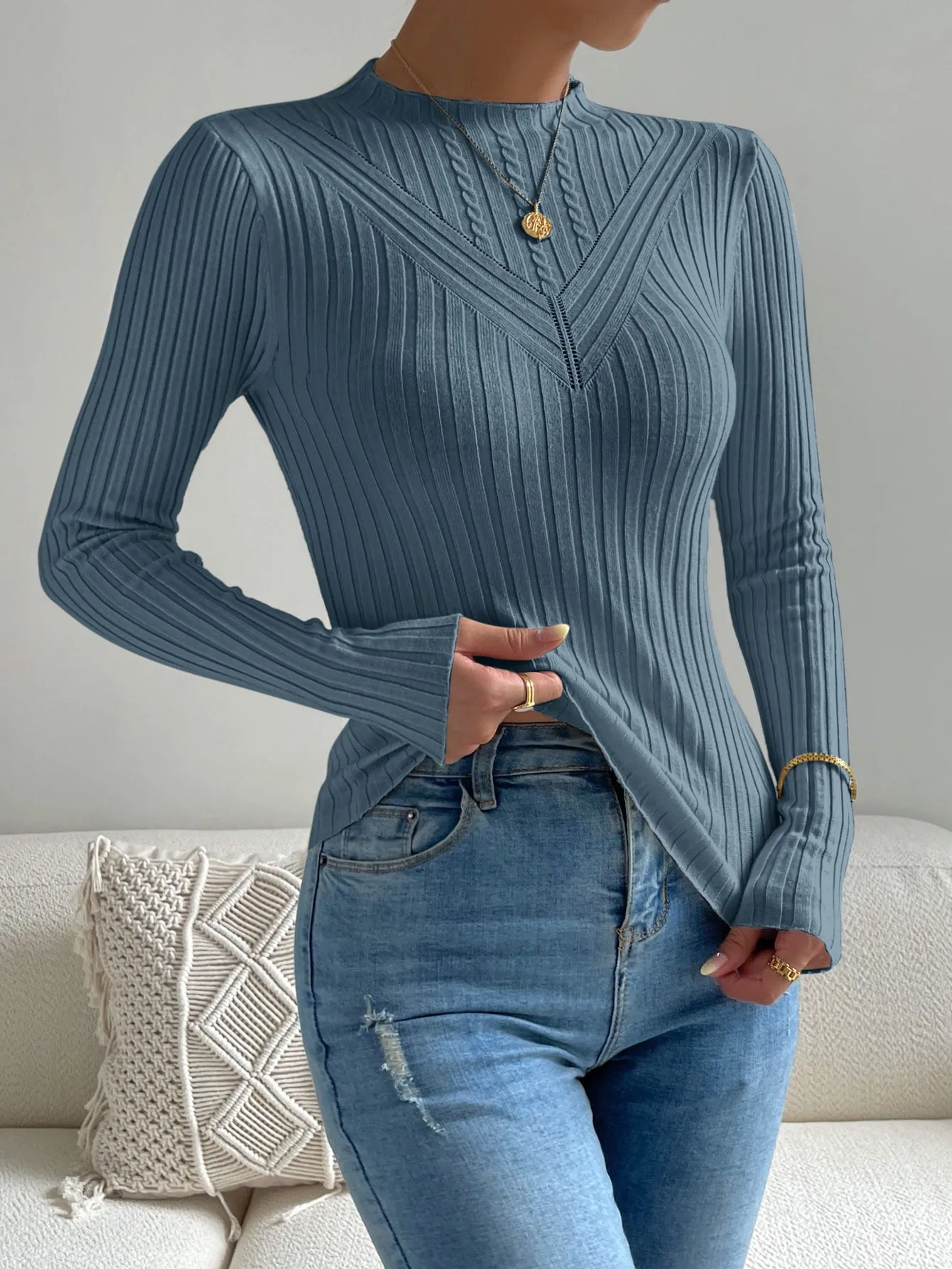 SHEIN Essnce Cable Knit Mock Neck Sweater