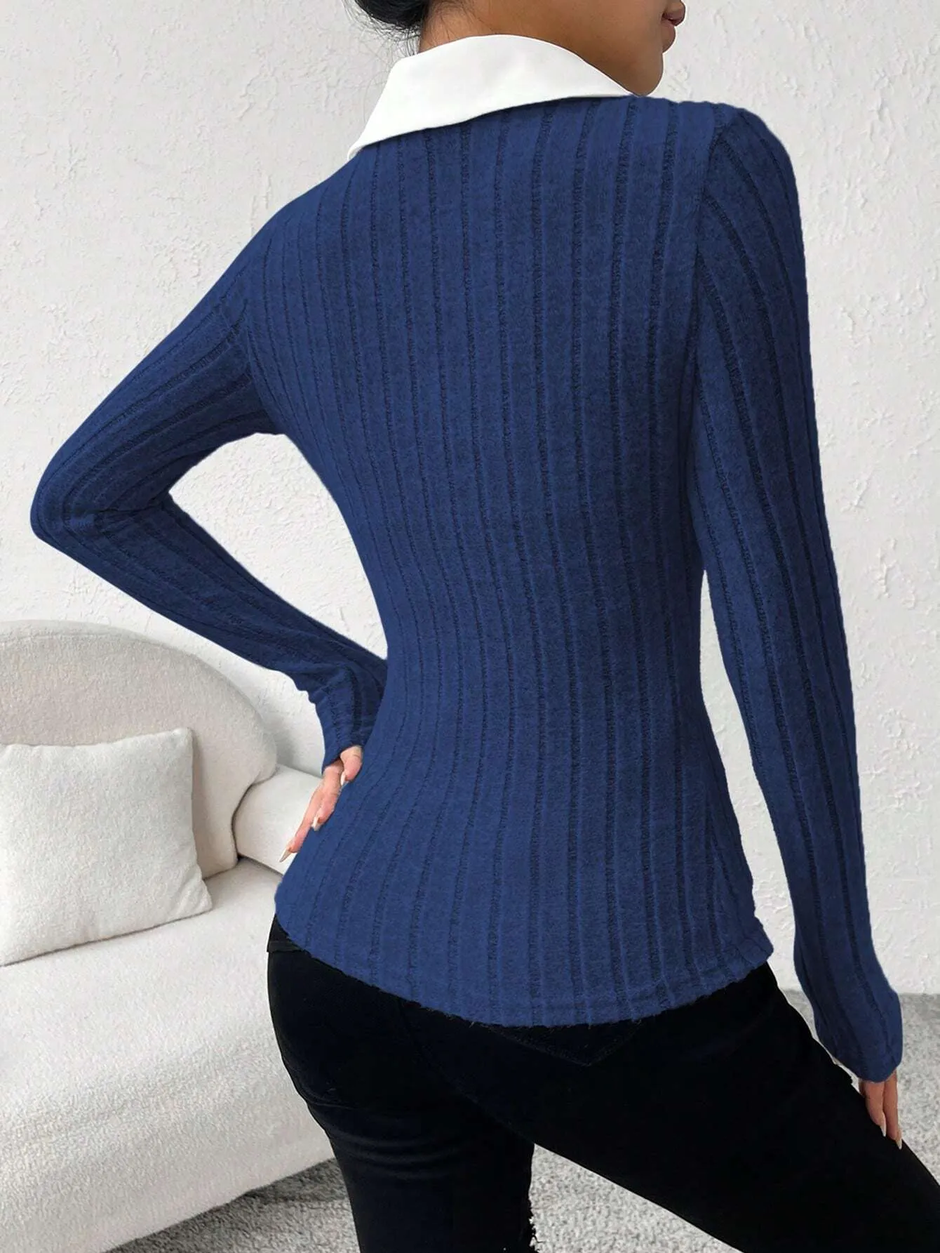 SHEIN Essnce Contrast Collar Ribbed Knit Tee