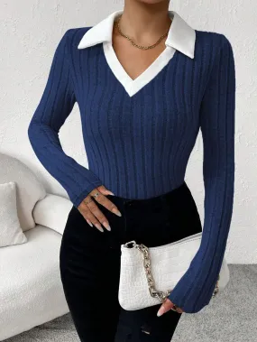 SHEIN Essnce Contrast Collar Ribbed Knit Tee