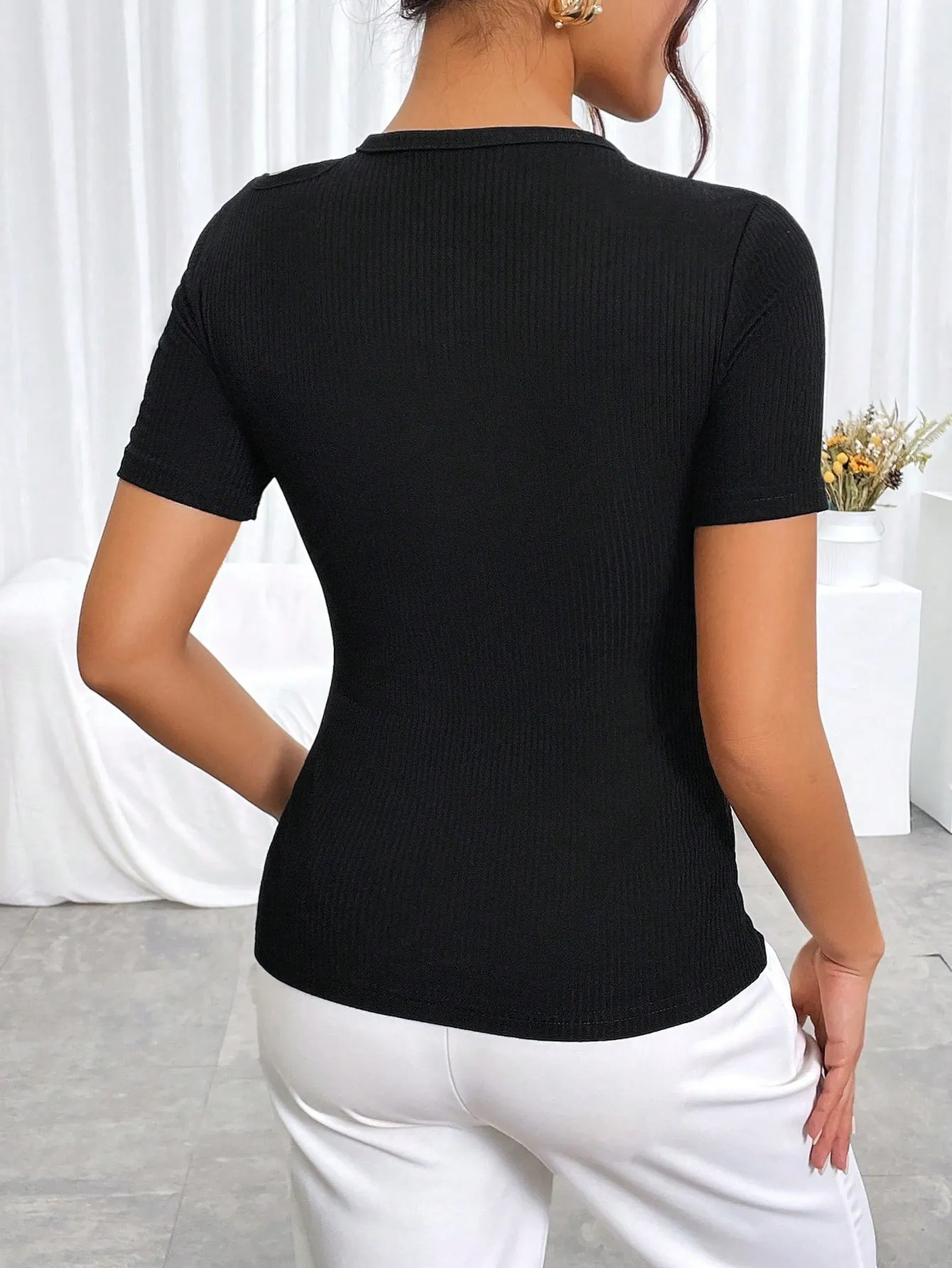 SHEIN Essnce Cut Out Ribbed Knit Tee