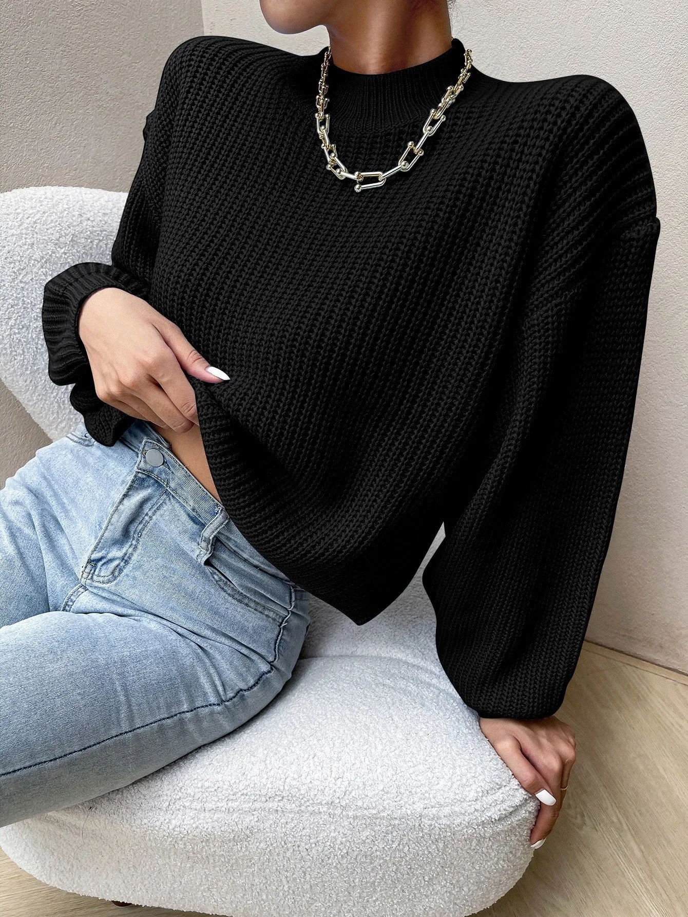 SHEIN Essnce Mock Neck Drop Shoulder Sweater