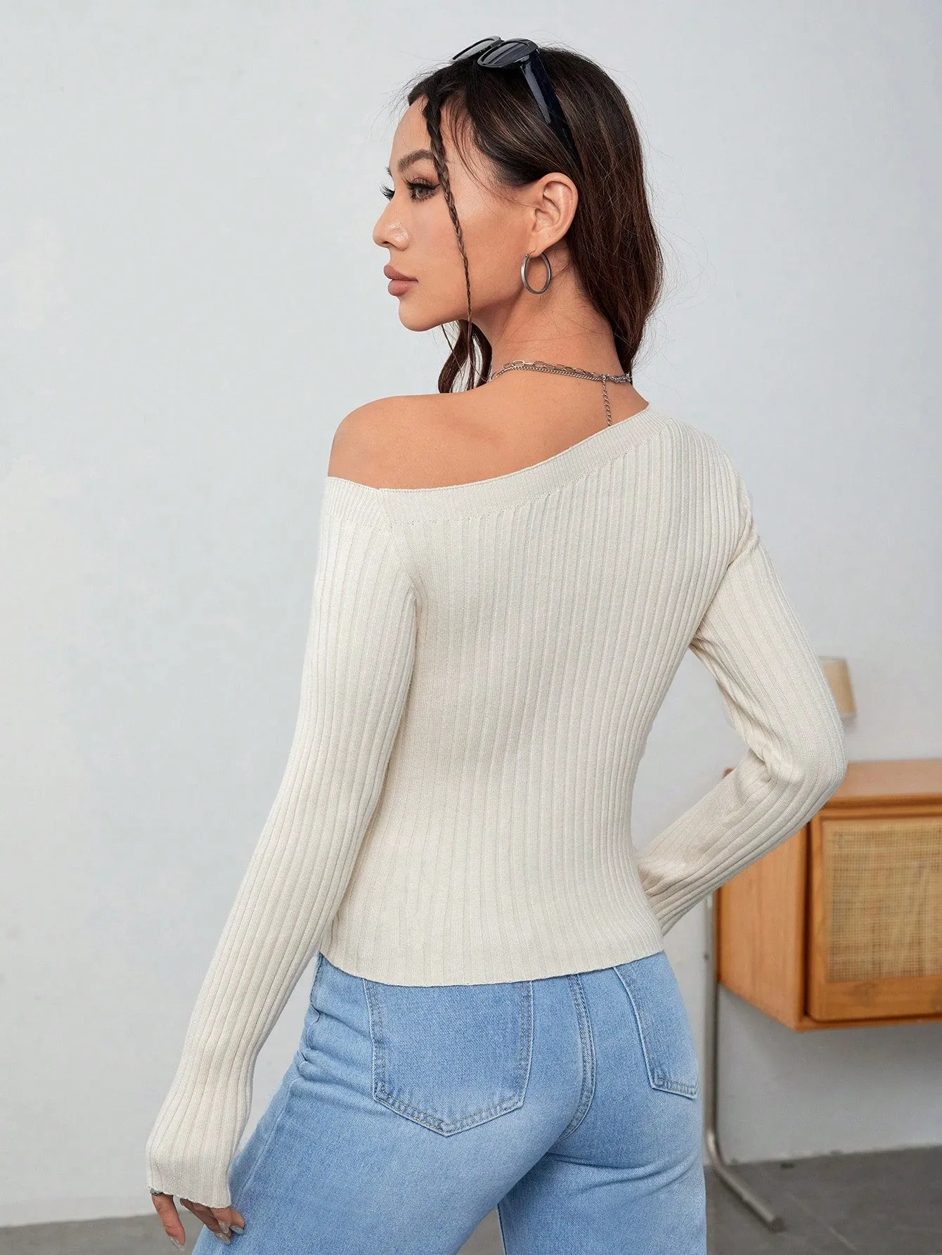 SHEIN EZwear Asymmetrical Neck Ribbed Knit Sweater