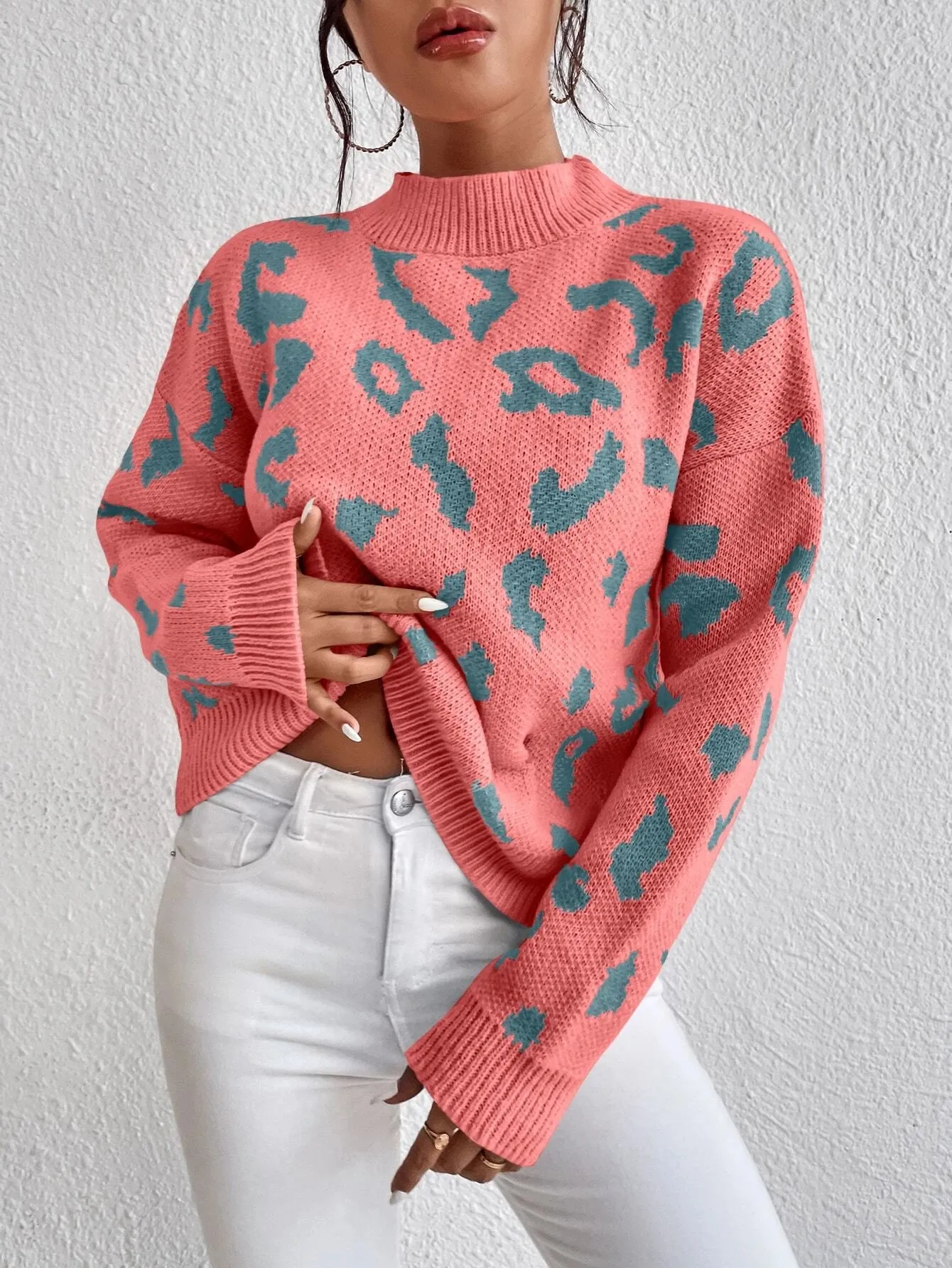 SHEIN Frenchy Leopard Pattern Mock Neck Drop Shoulder Sweater