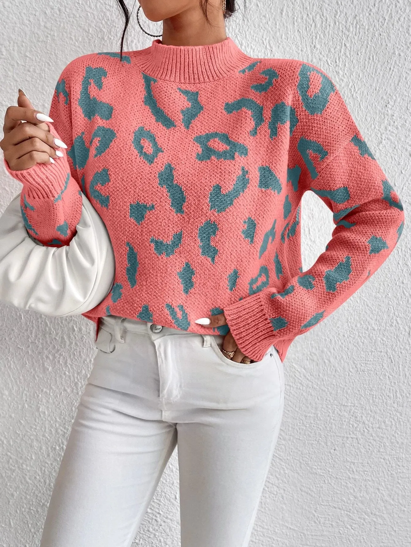 SHEIN Frenchy Leopard Pattern Mock Neck Drop Shoulder Sweater