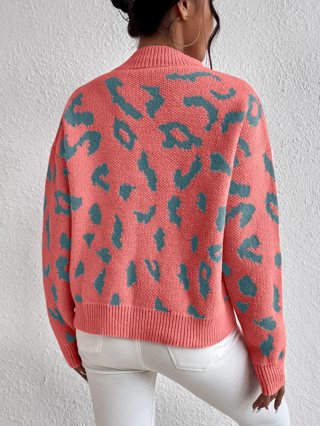 SHEIN Frenchy Leopard Pattern Mock Neck Drop Shoulder Sweater