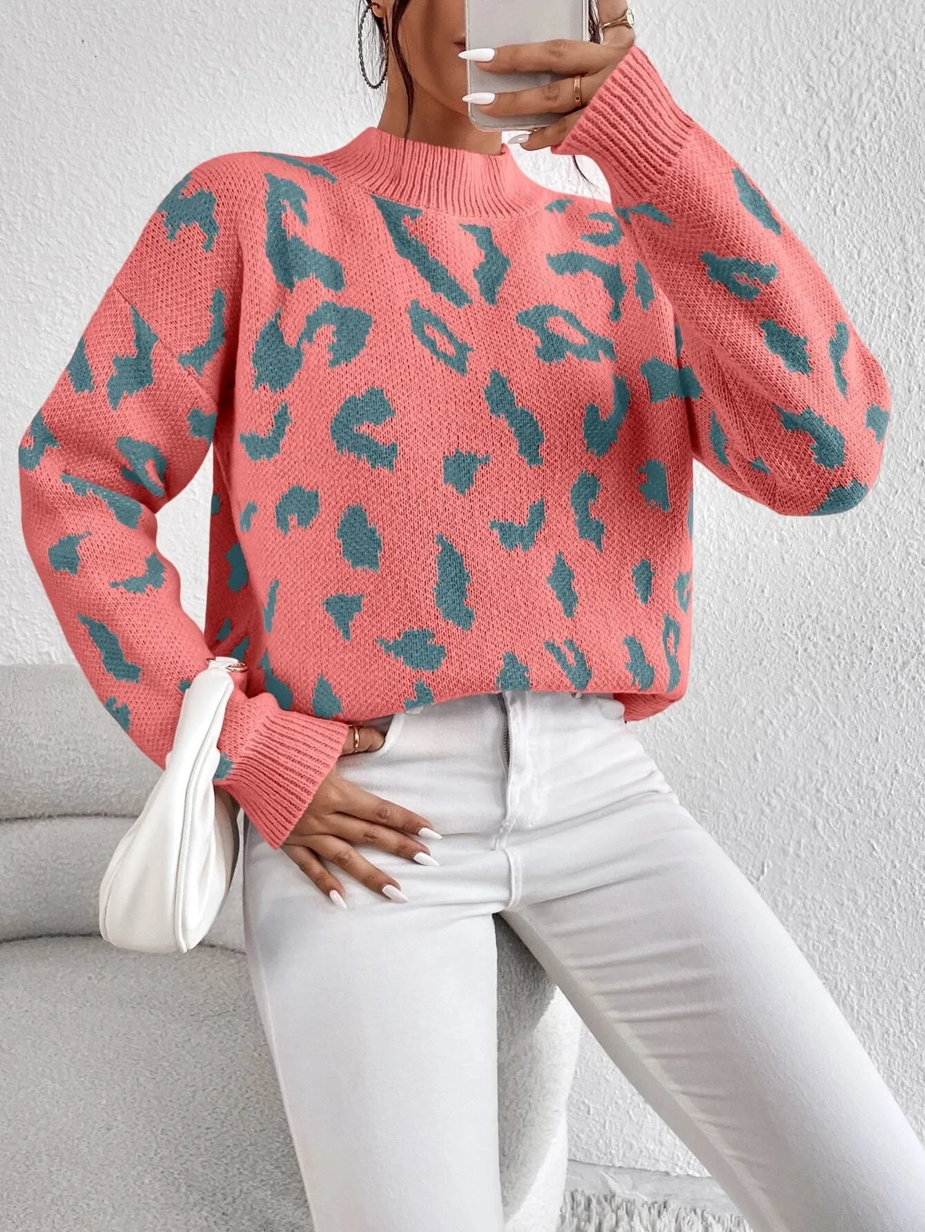 SHEIN Frenchy Leopard Pattern Mock Neck Drop Shoulder Sweater