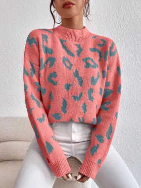 SHEIN Frenchy Leopard Pattern Mock Neck Drop Shoulder Sweater