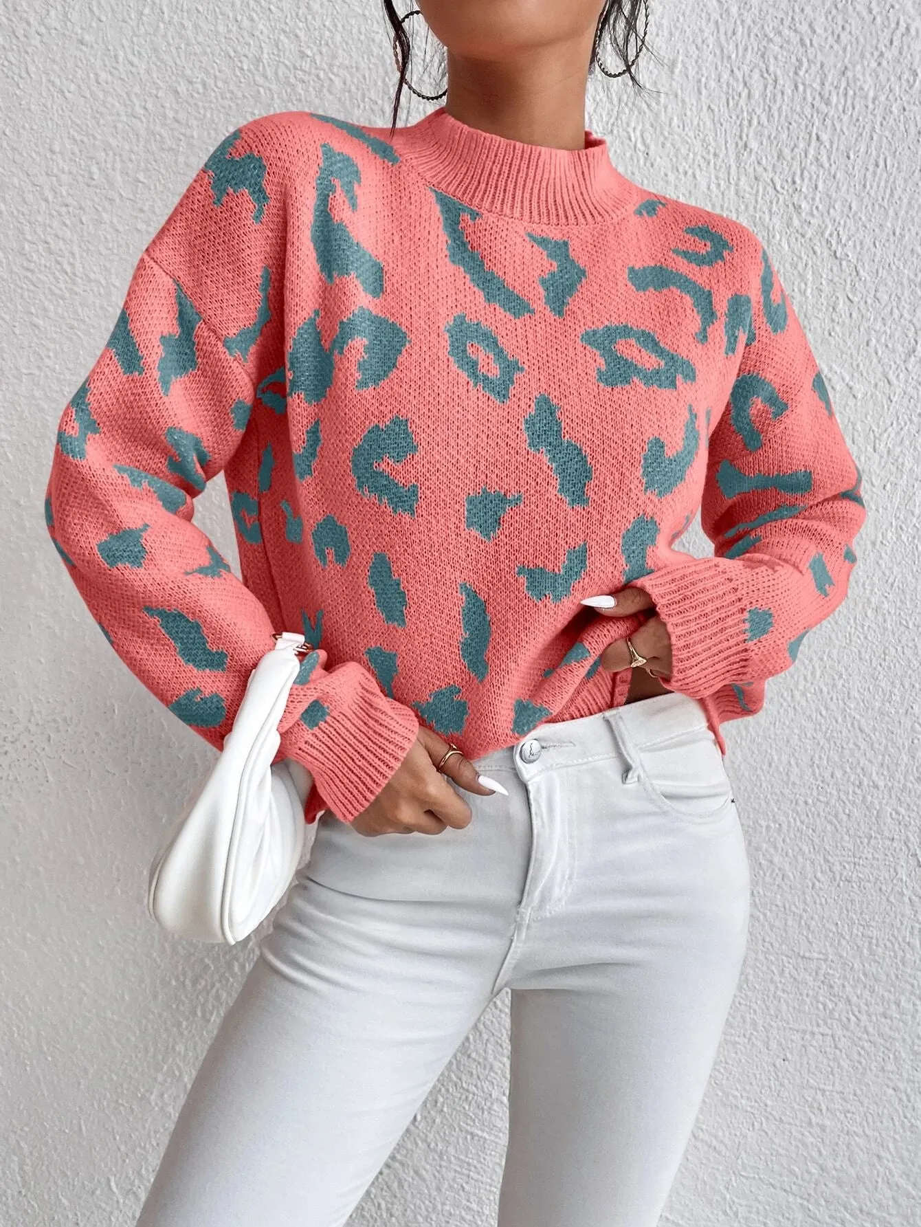 SHEIN Frenchy Leopard Pattern Mock Neck Drop Shoulder Sweater