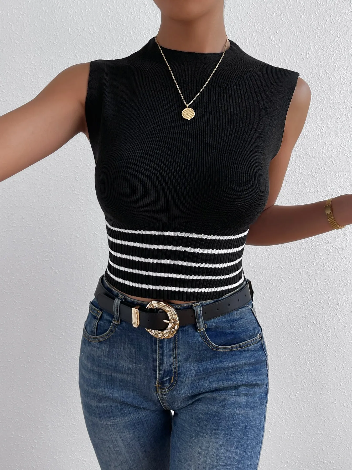 SHEIN Frenchy Striped Pattern Mock Neck Knit Top