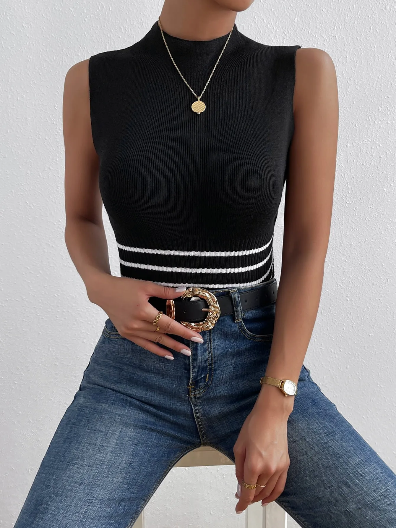 SHEIN Frenchy Striped Pattern Mock Neck Knit Top