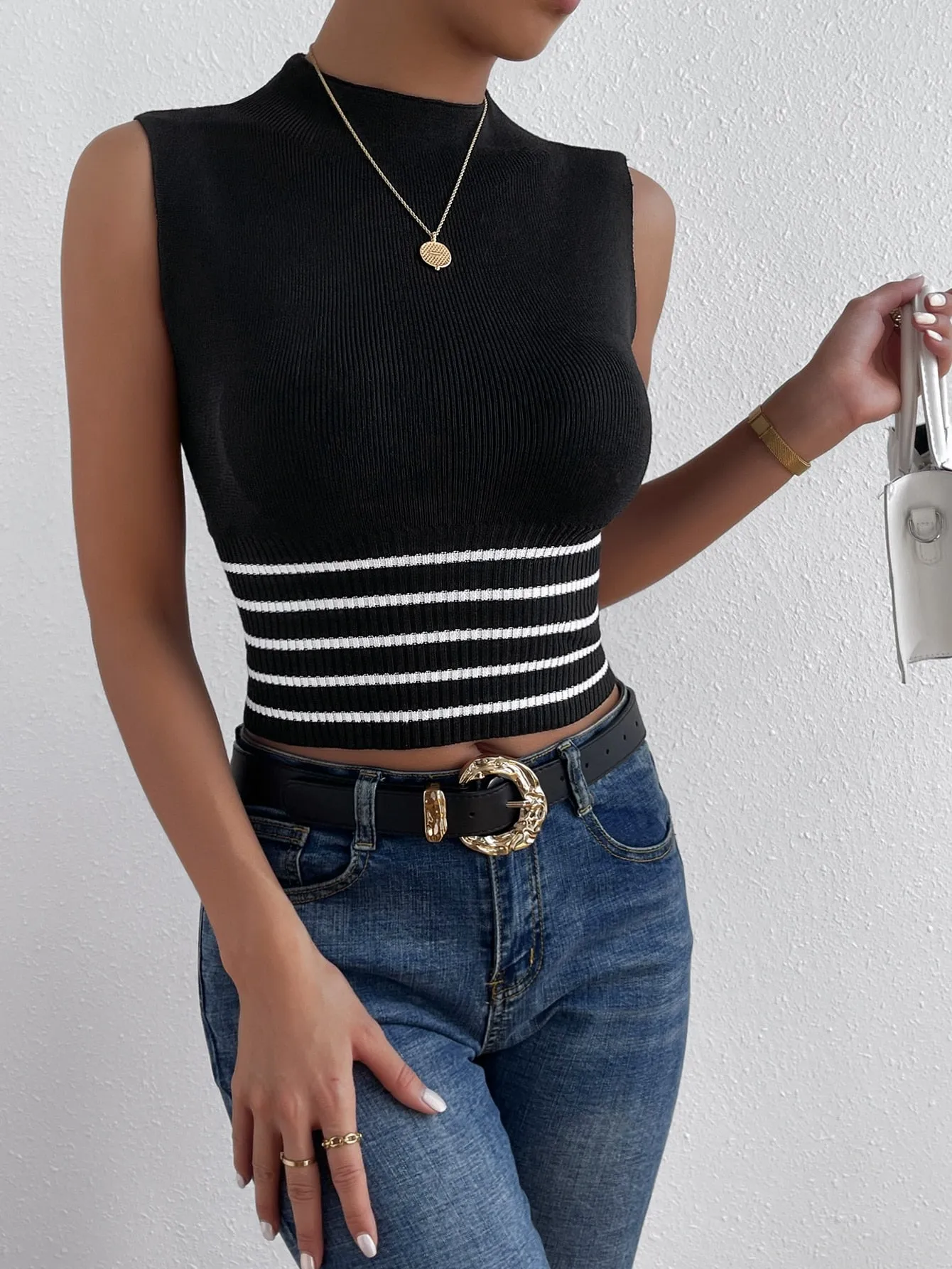 SHEIN Frenchy Striped Pattern Mock Neck Knit Top