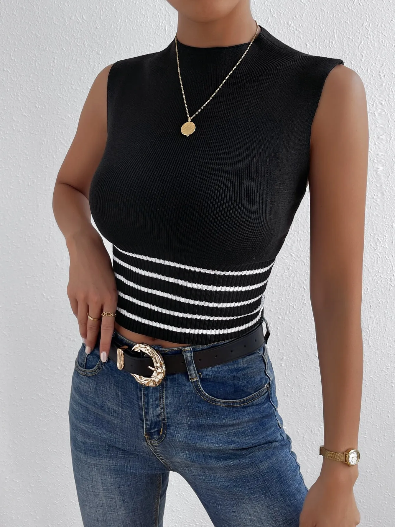 SHEIN Frenchy Striped Pattern Mock Neck Knit Top