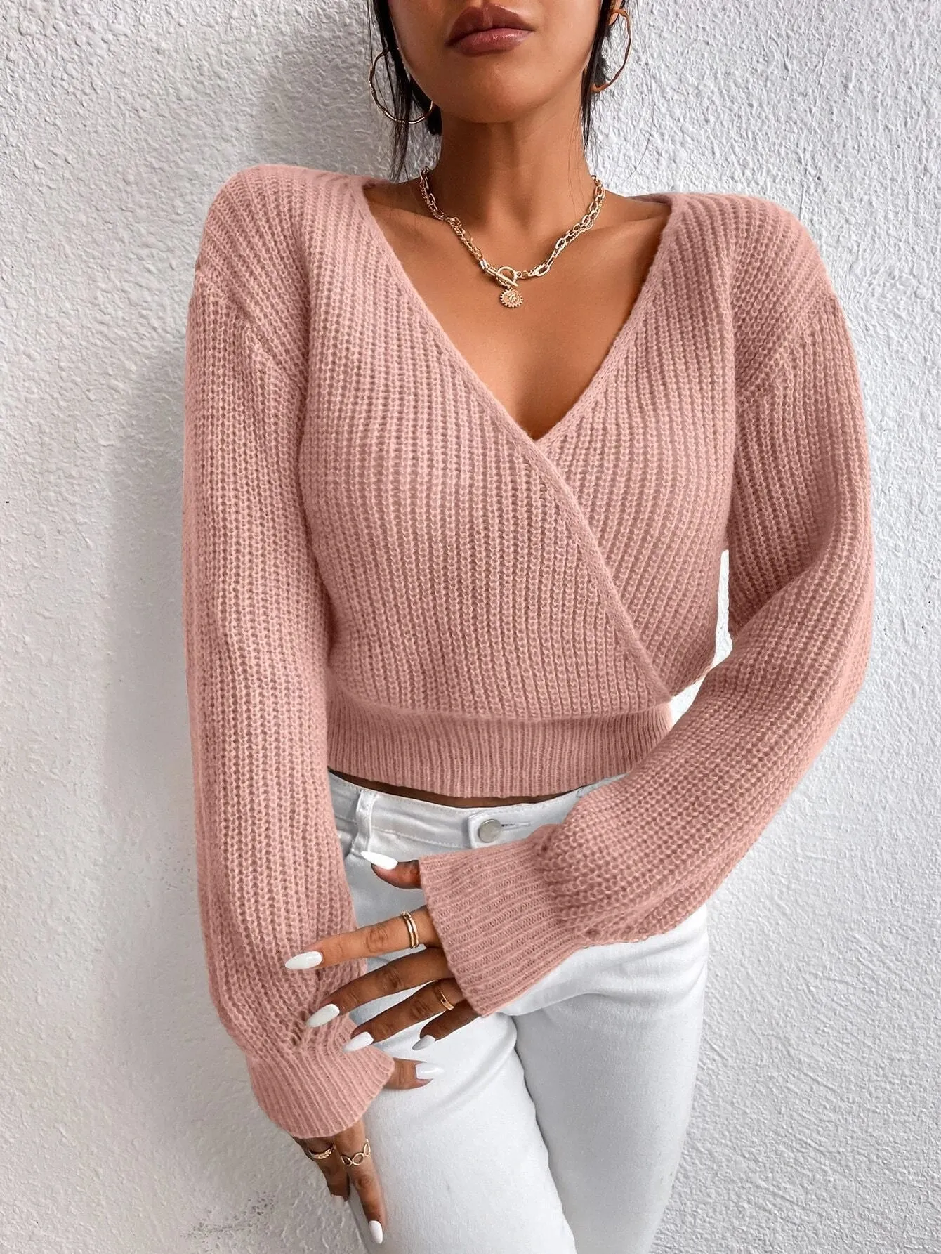 SHEIN Frenchy Surplice Neck Drop Shoulder Sweater