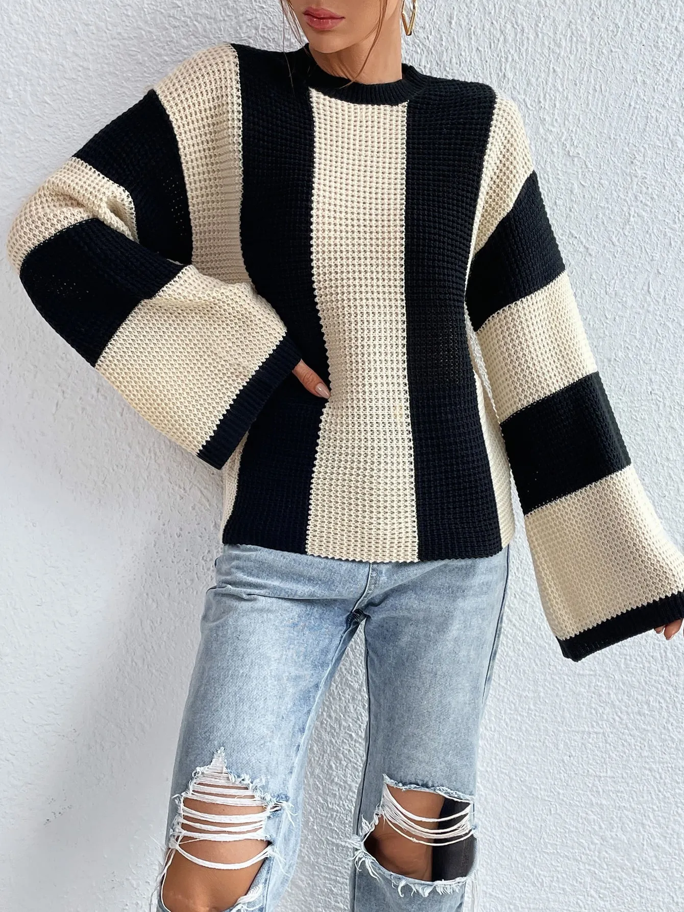 SHEIN Frenchy Two Tone Drop Shoulder Sweater