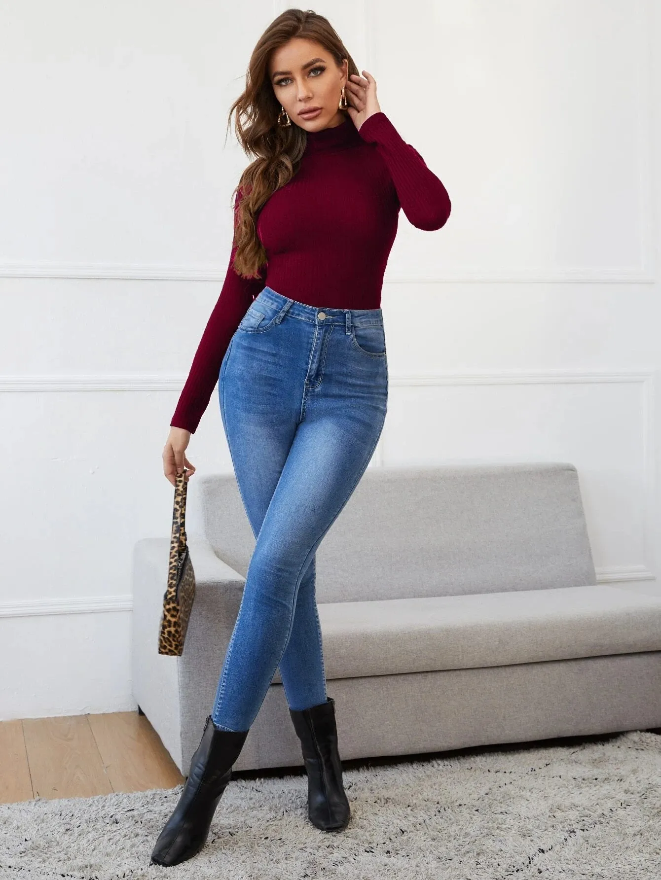 SHEIN Funnel Neck Rib-knit Top