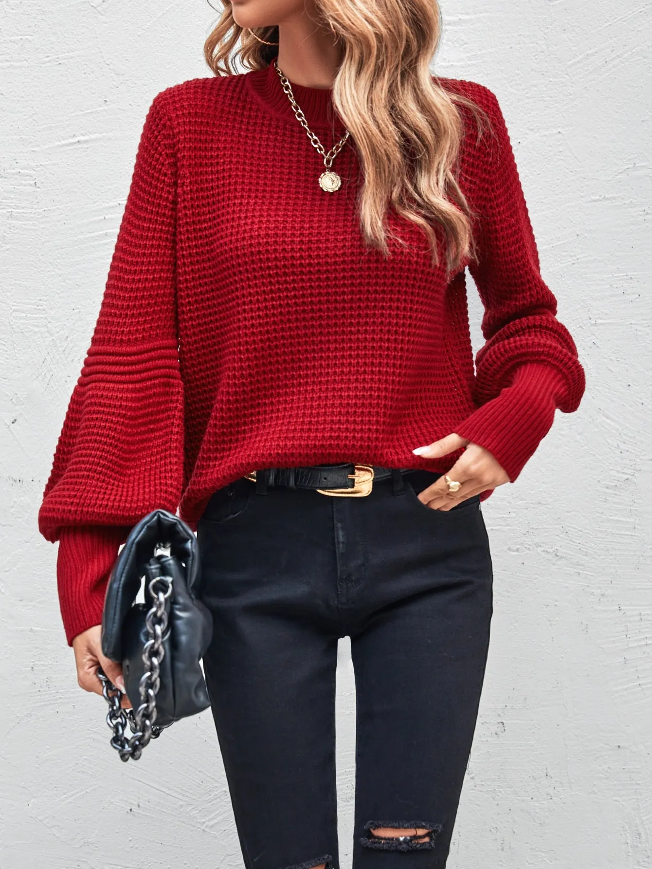 SHEIN LUNE Mock Neck Lantern Sleeve Sweater