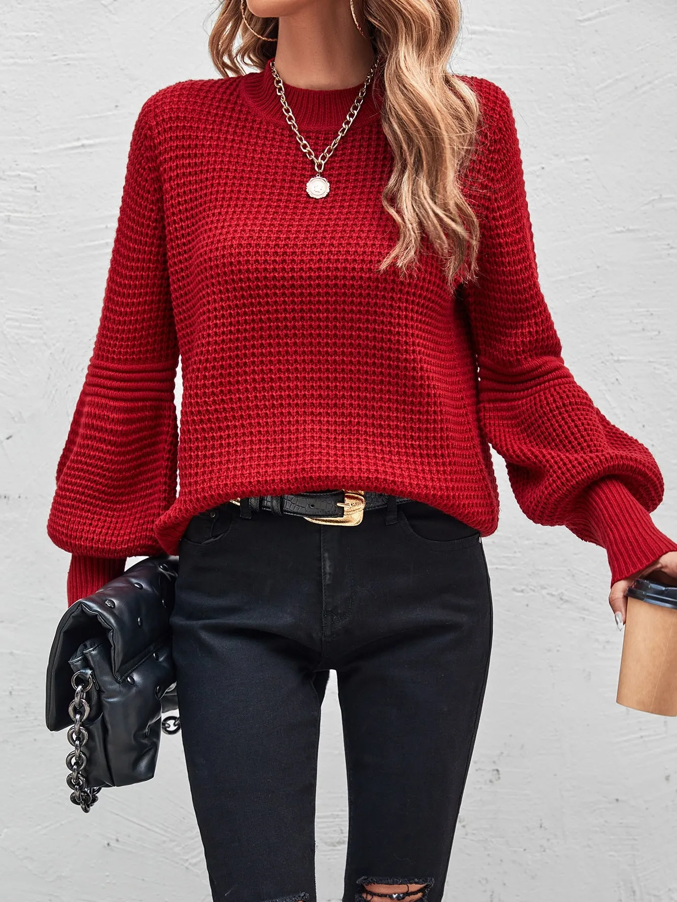 SHEIN LUNE Mock Neck Lantern Sleeve Sweater