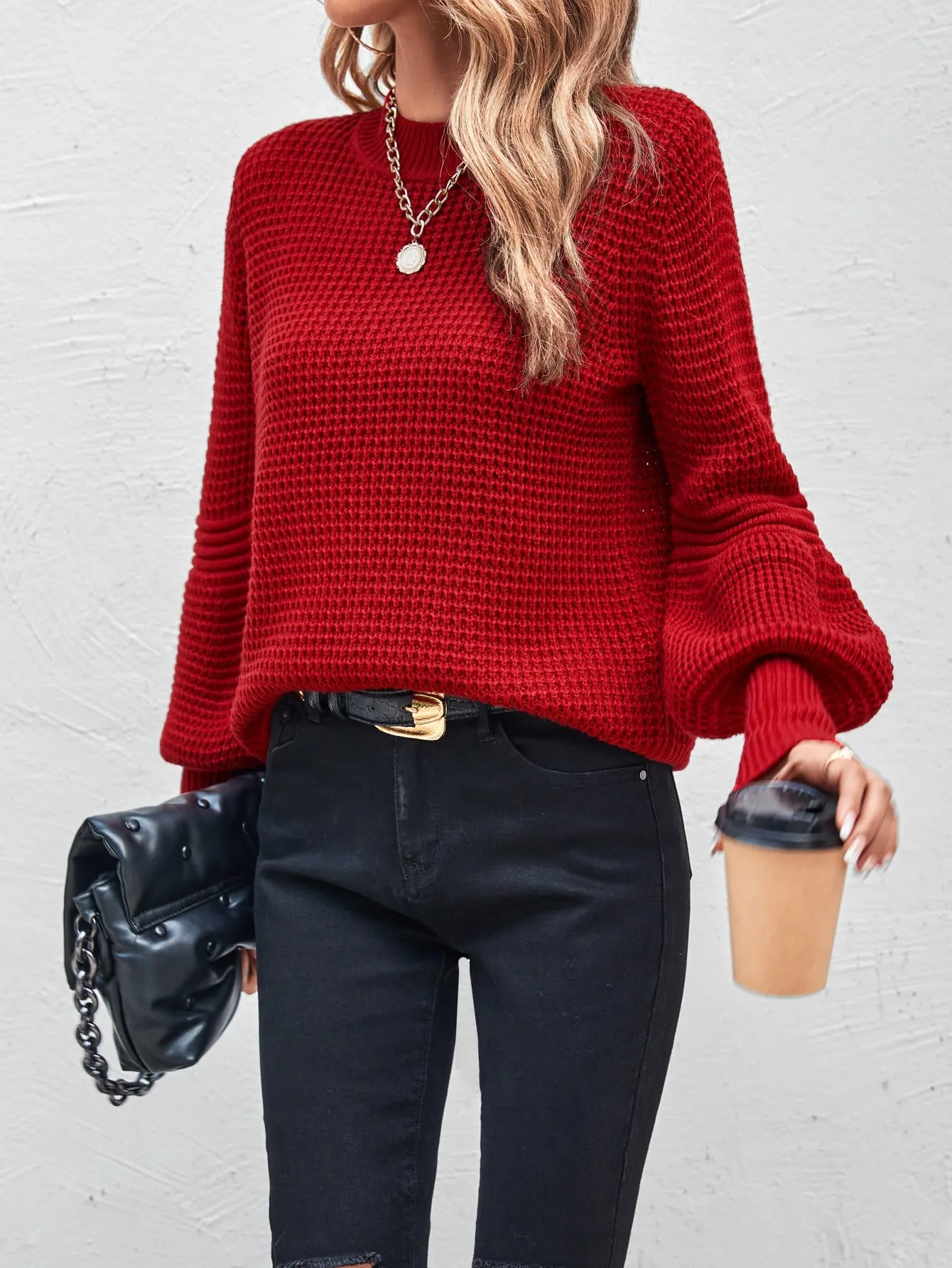 SHEIN LUNE Mock Neck Lantern Sleeve Sweater
