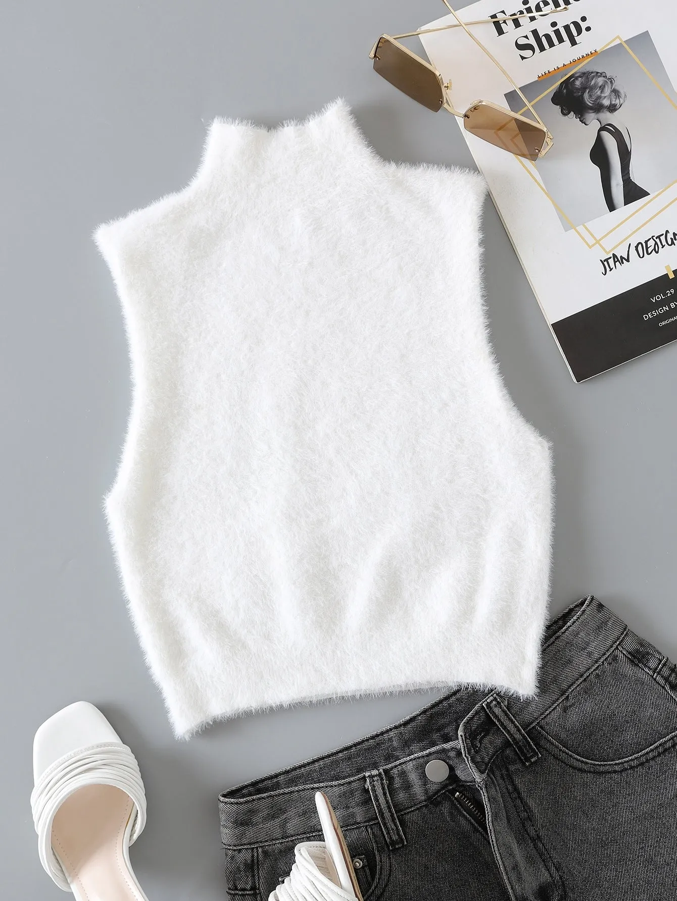 SHEIN Mock Neck Fuzzy Knit Top