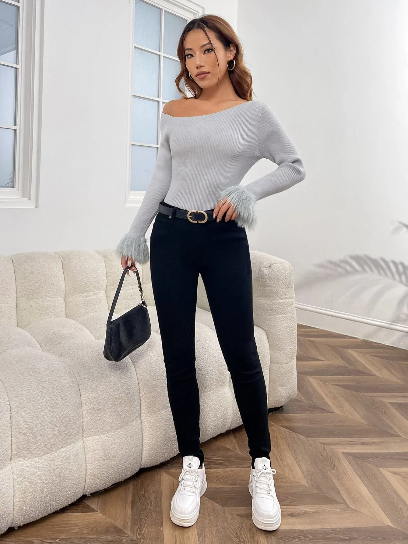 SHEIN Priv̩ Asymmetrical Neck Fuzzy Cuff Ribbed Knit Sweater