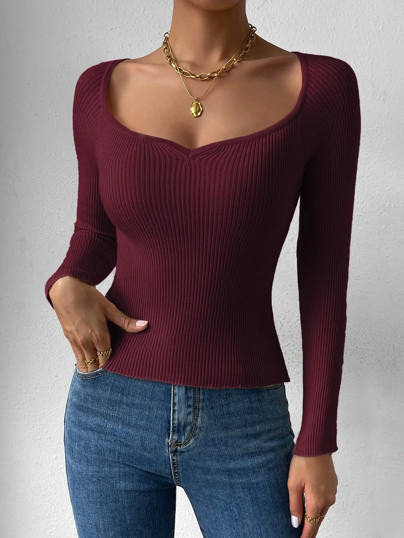 SHEIN Privé Sweetheart Neck Ribbed Knit Sweater