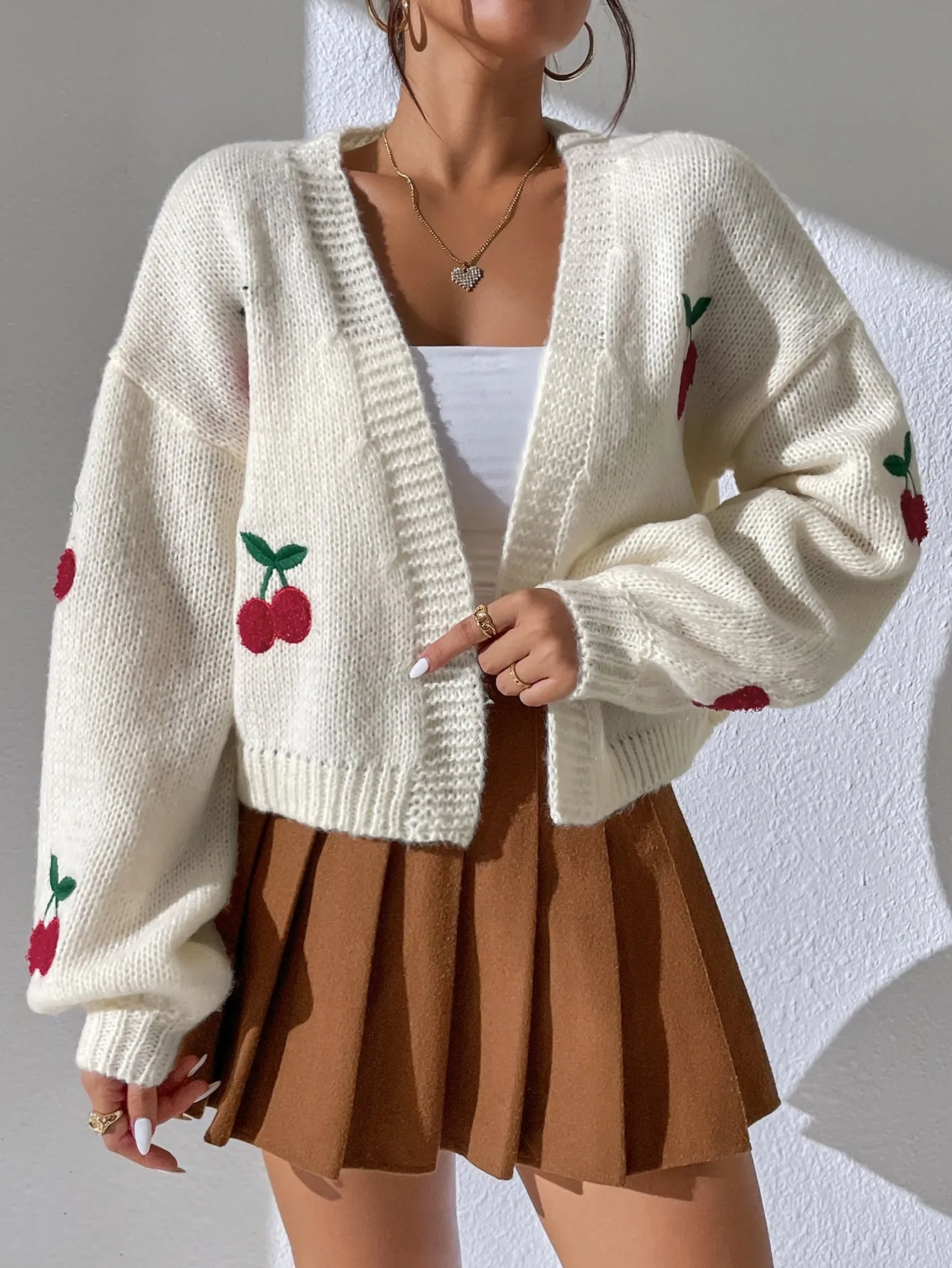 SHEIN Qutie Cherry Embroidery Lantern Sleeve Cardigan