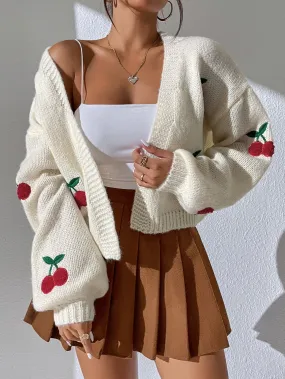SHEIN Qutie Cherry Embroidery Lantern Sleeve Cardigan