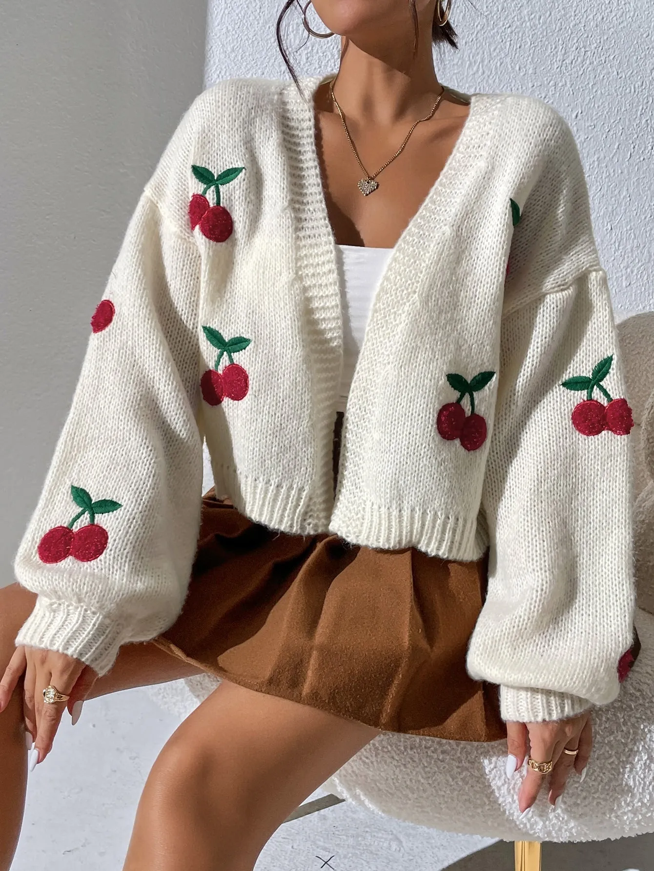 SHEIN Qutie Cherry Embroidery Lantern Sleeve Cardigan