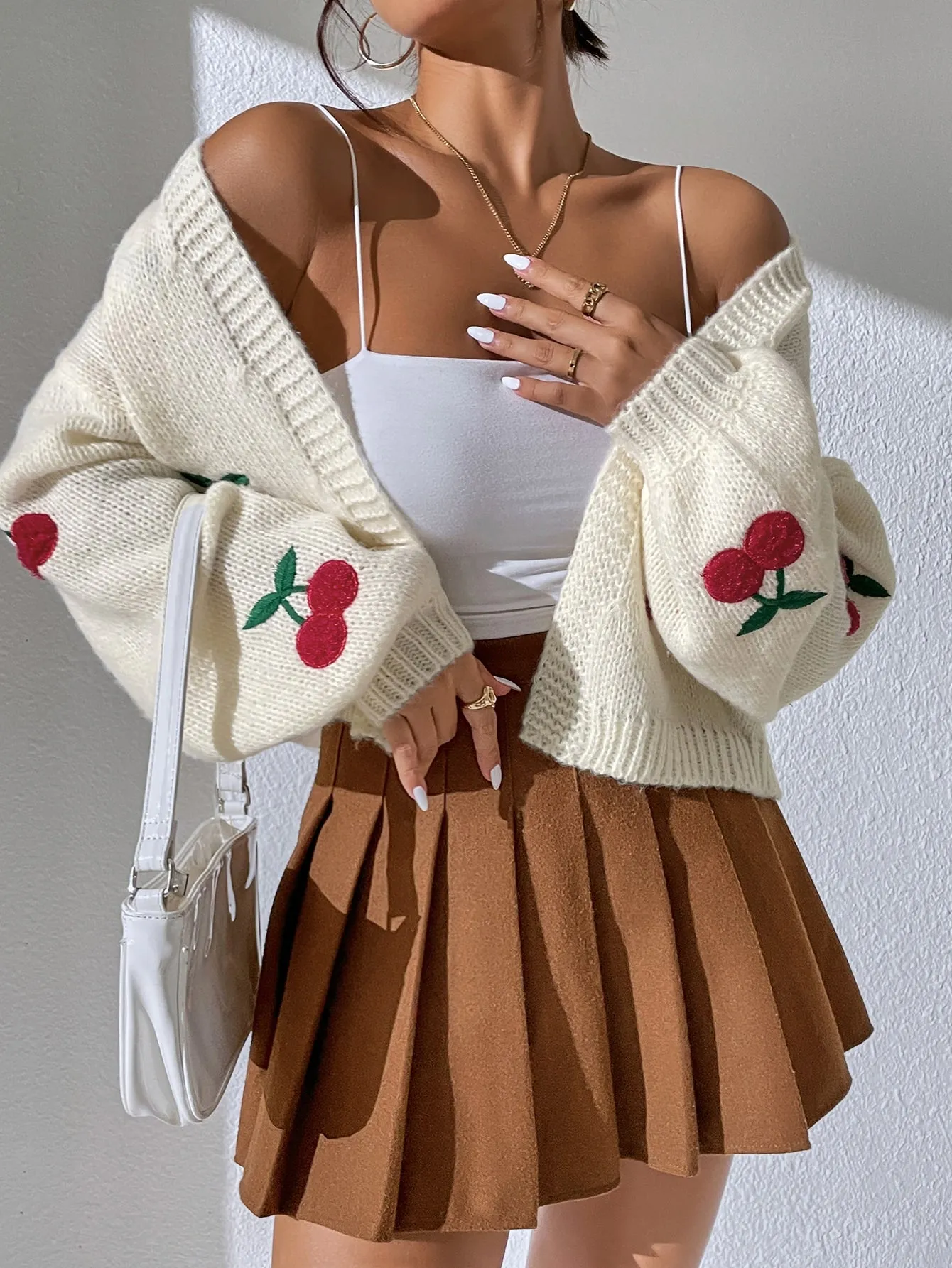 SHEIN Qutie Cherry Embroidery Lantern Sleeve Cardigan