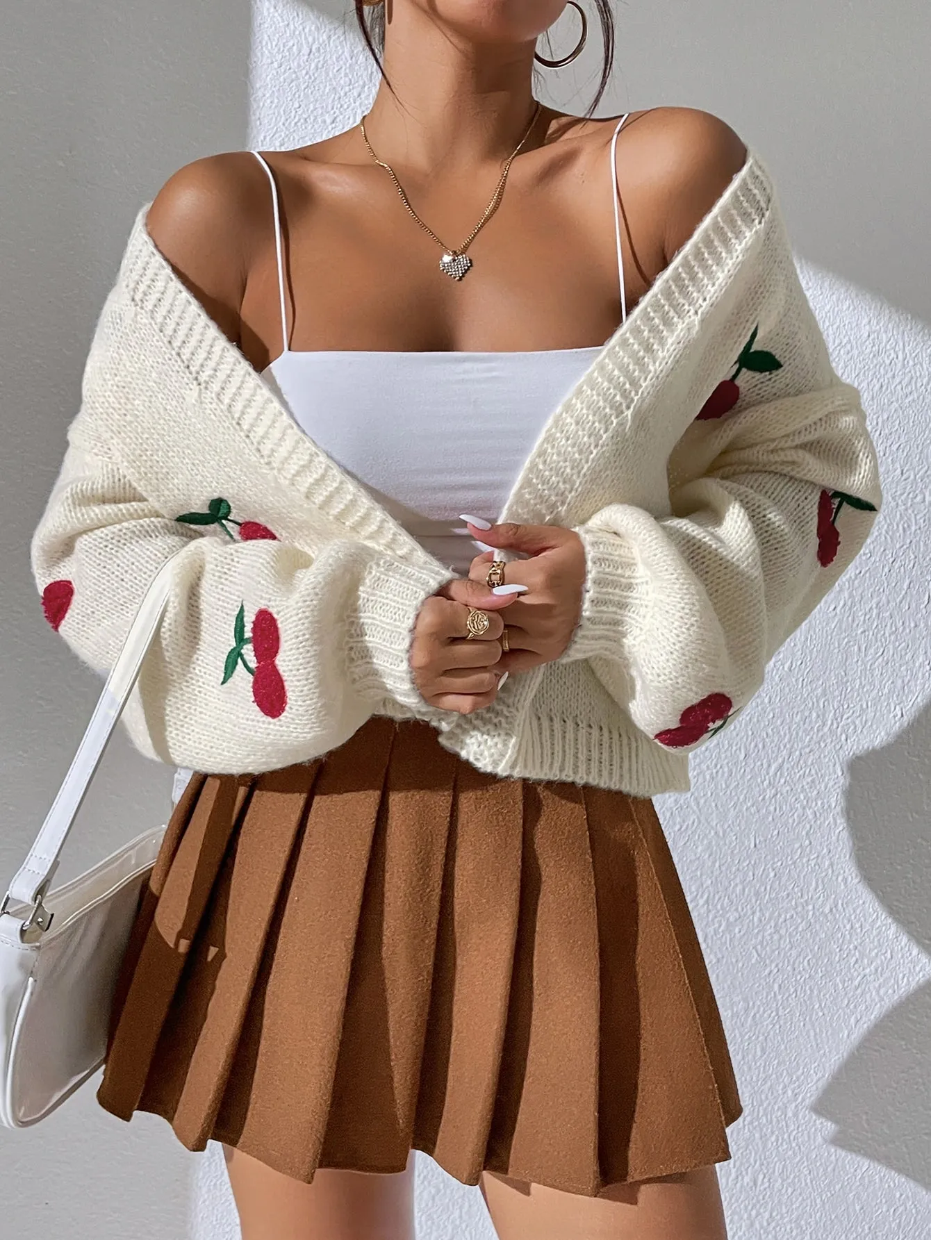 SHEIN Qutie Cherry Embroidery Lantern Sleeve Cardigan