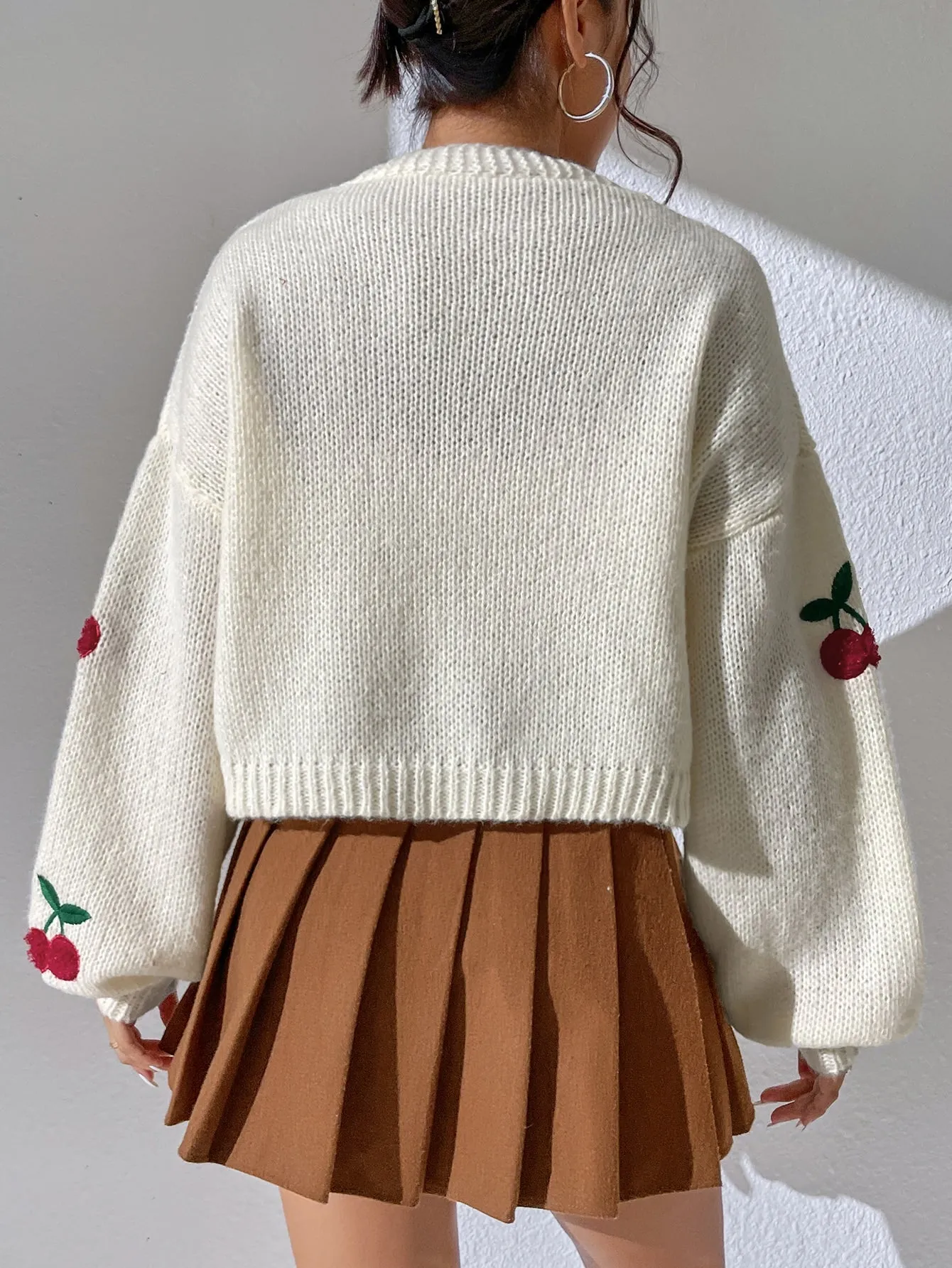SHEIN Qutie Cherry Embroidery Lantern Sleeve Cardigan