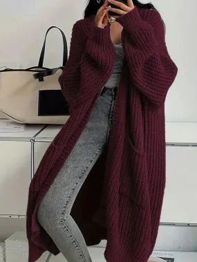 SHEIN Solid Open Front Loose Knit Cardigan, Casual Long Sleeve Long Length Sweater With Pocket, Women's Clothing