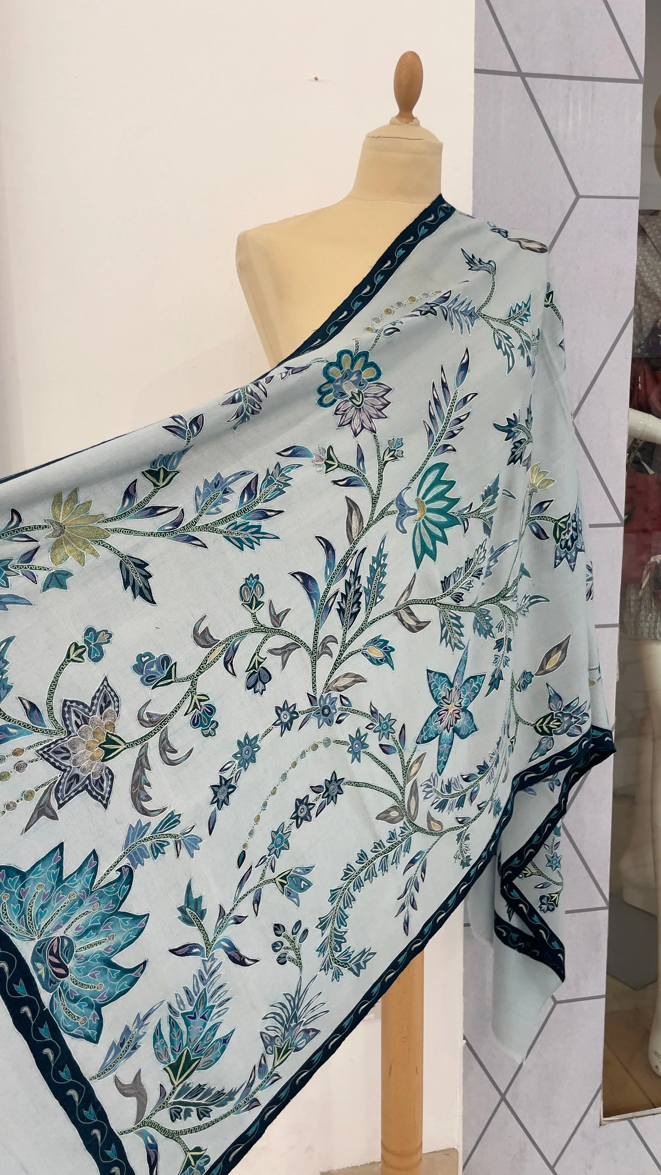 Shipra ice Blue Kalamkari Pashmina Scarf