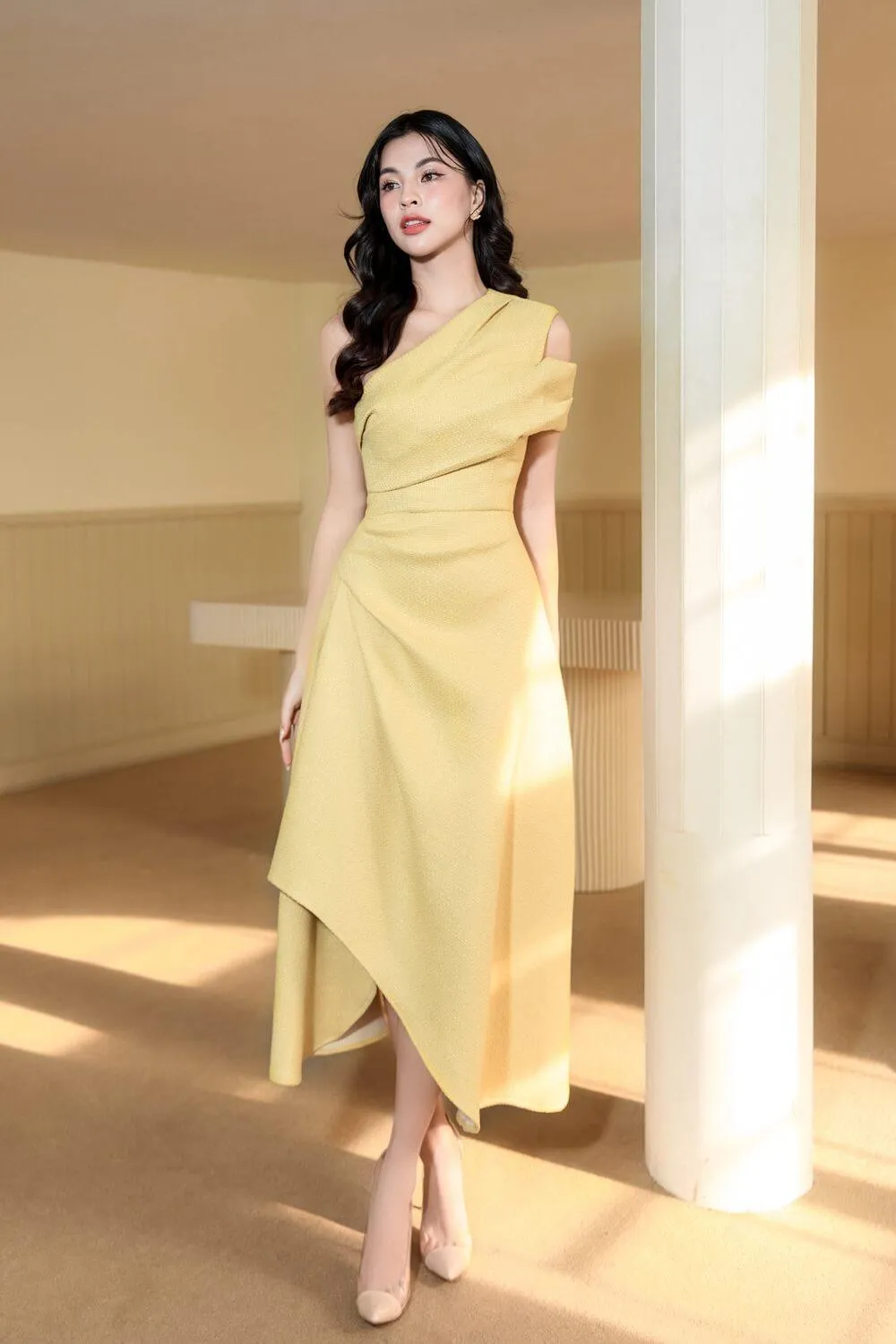 Silvie Asymmetric One Shoulder Tweed Midi Dress