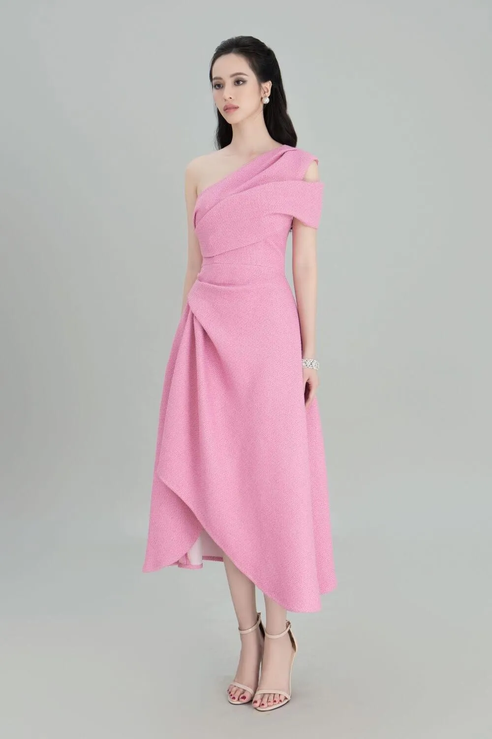 Silvie Asymmetric One Shoulder Tweed Midi Dress
