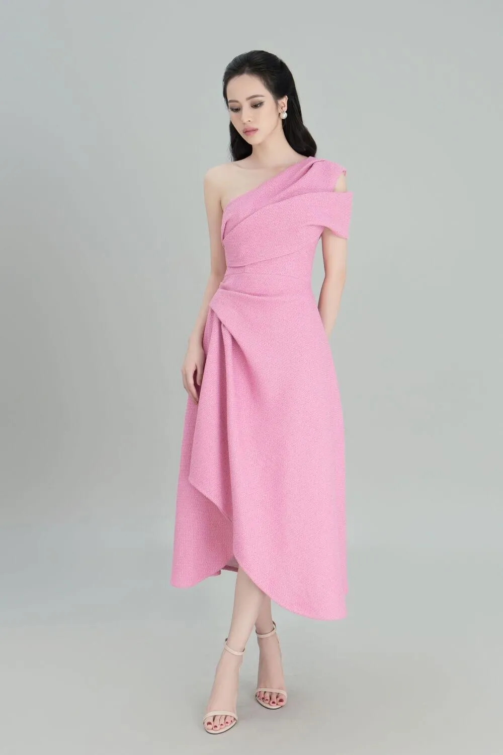 Silvie Asymmetric One Shoulder Tweed Midi Dress