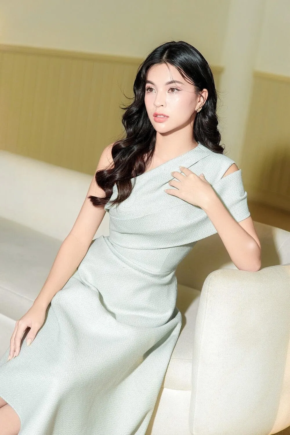 Silvie Asymmetric One Shoulder Tweed Midi Dress
