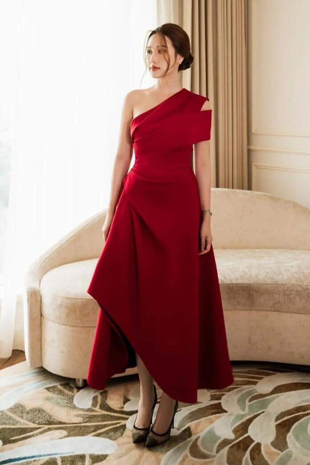 Silvie Asymmetric One Shoulder Tweed Midi Dress