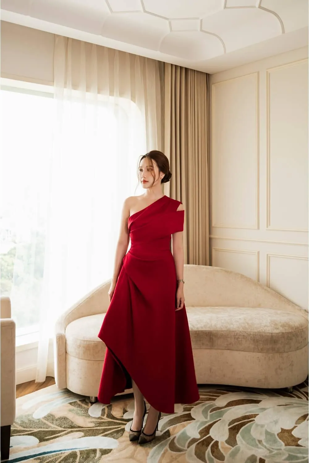 Silvie Asymmetric One Shoulder Tweed Midi Dress