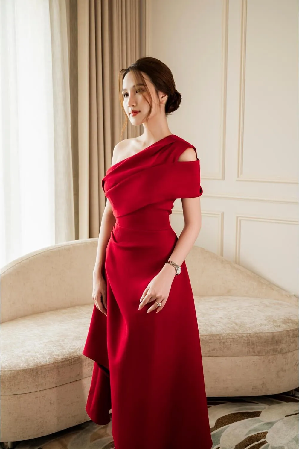 Silvie Asymmetric One Shoulder Tweed Midi Dress