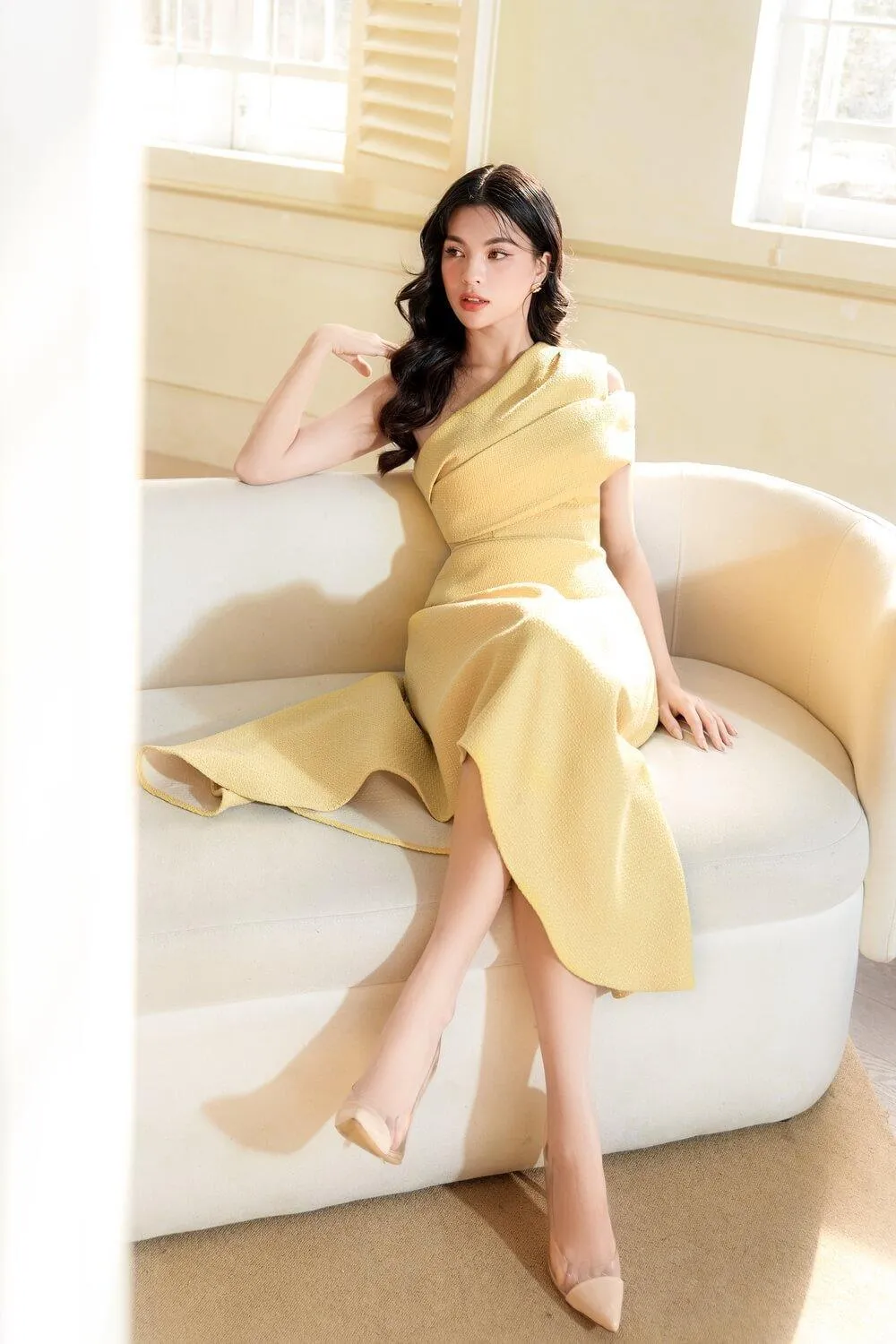 Silvie Asymmetric One Shoulder Tweed Midi Dress