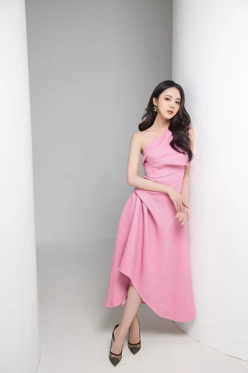 Silvie Asymmetric One Shoulder Tweed Midi Dress