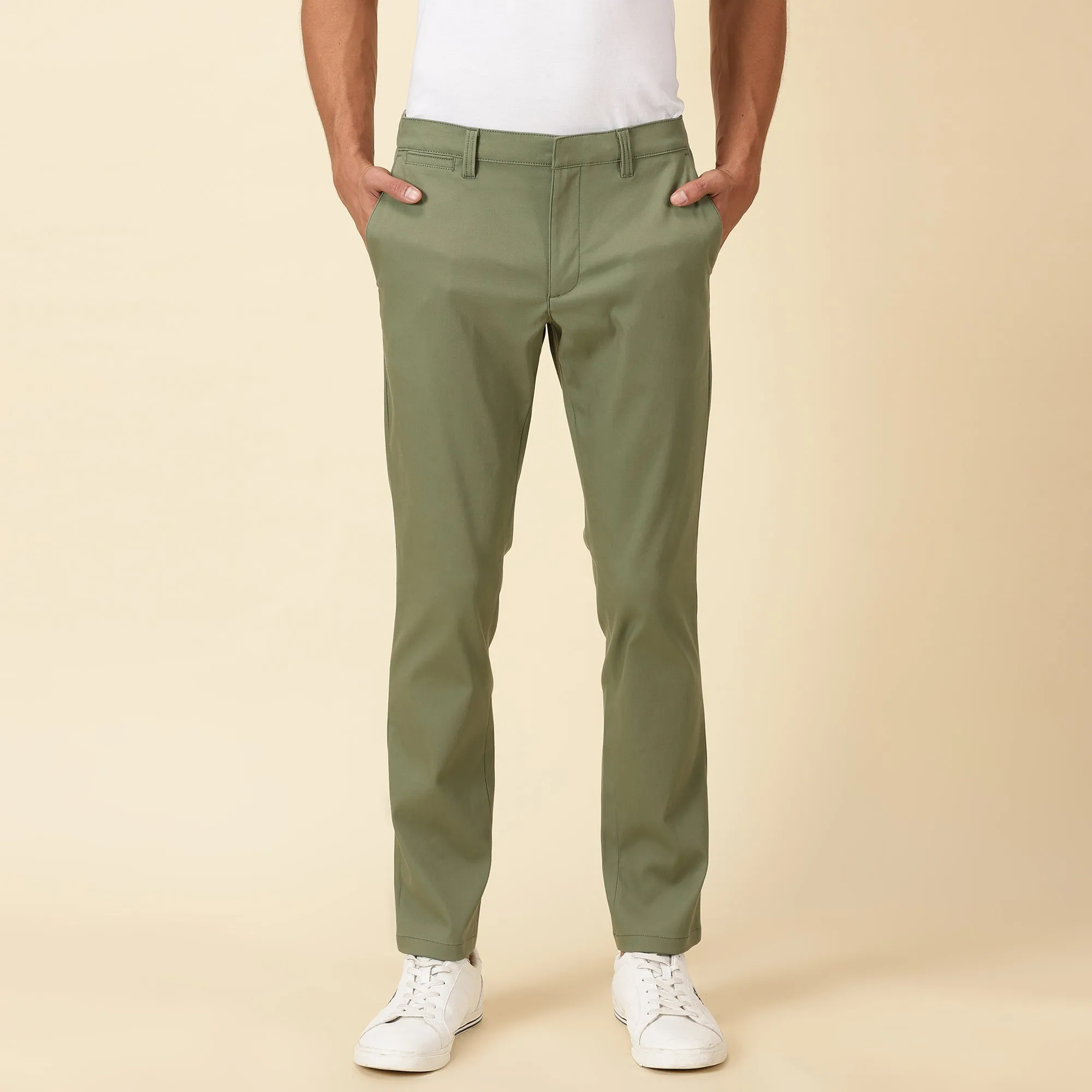 Slim Fit Elasticized Crossover Chinos - Olivine Green