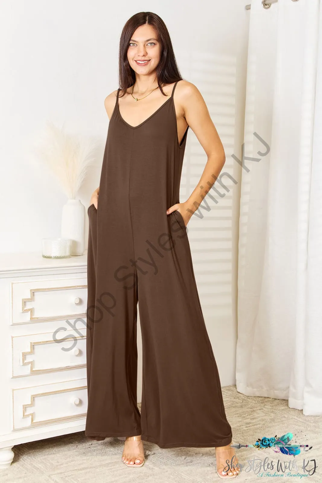 Soft Rayon Spaghetti Strap Tied Wide Leg Jumpsuit
