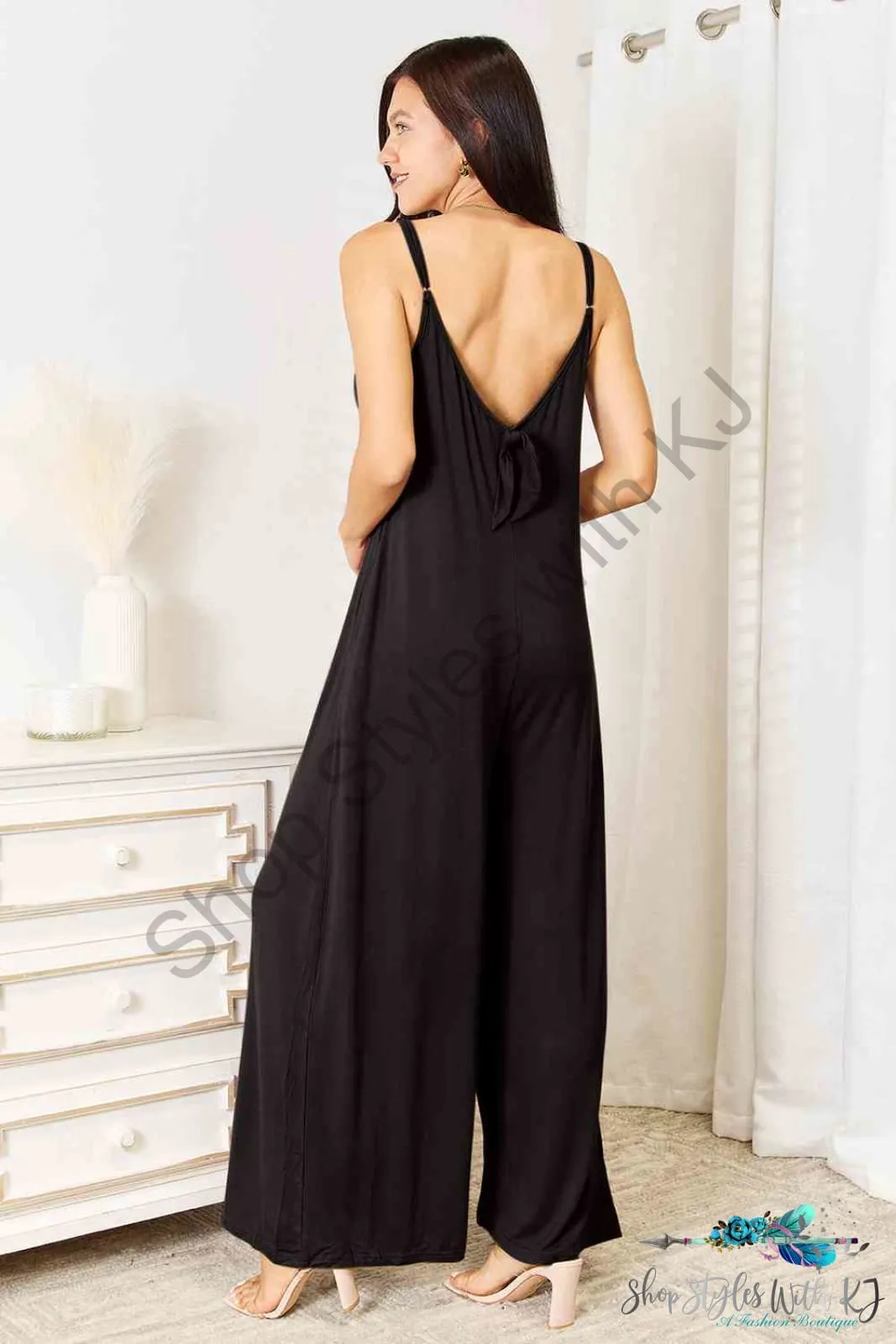 Soft Rayon Spaghetti Strap Tied Wide Leg Jumpsuit