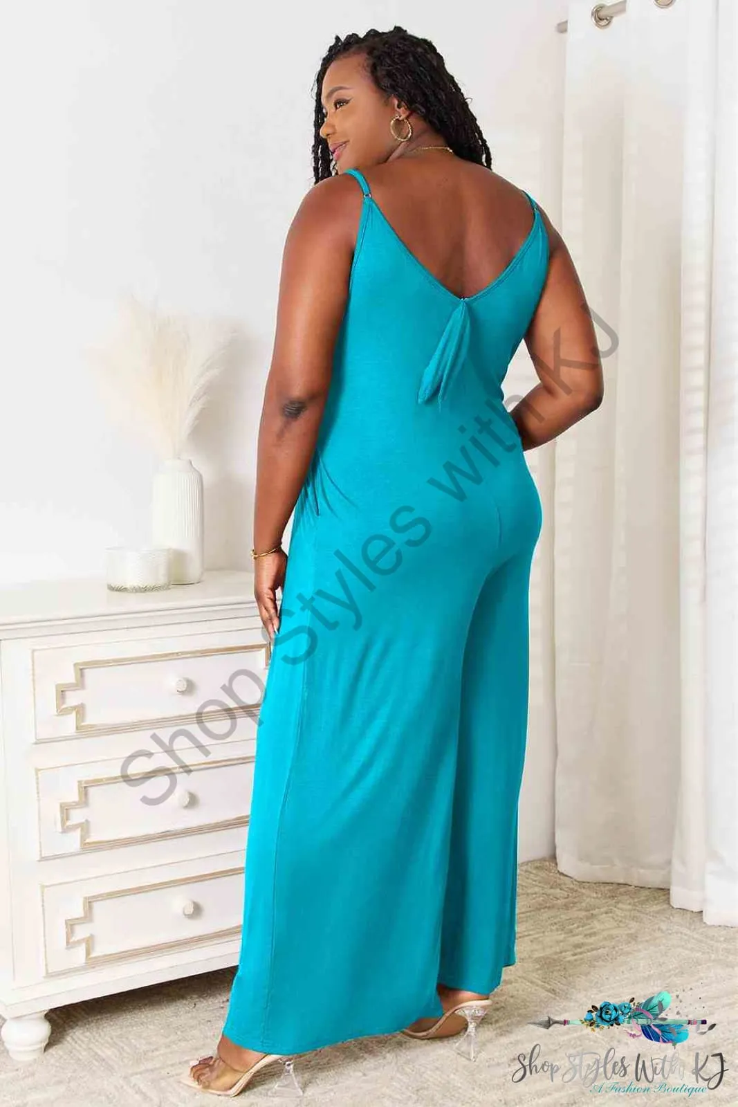 Soft Rayon Spaghetti Strap Tied Wide Leg Jumpsuit
