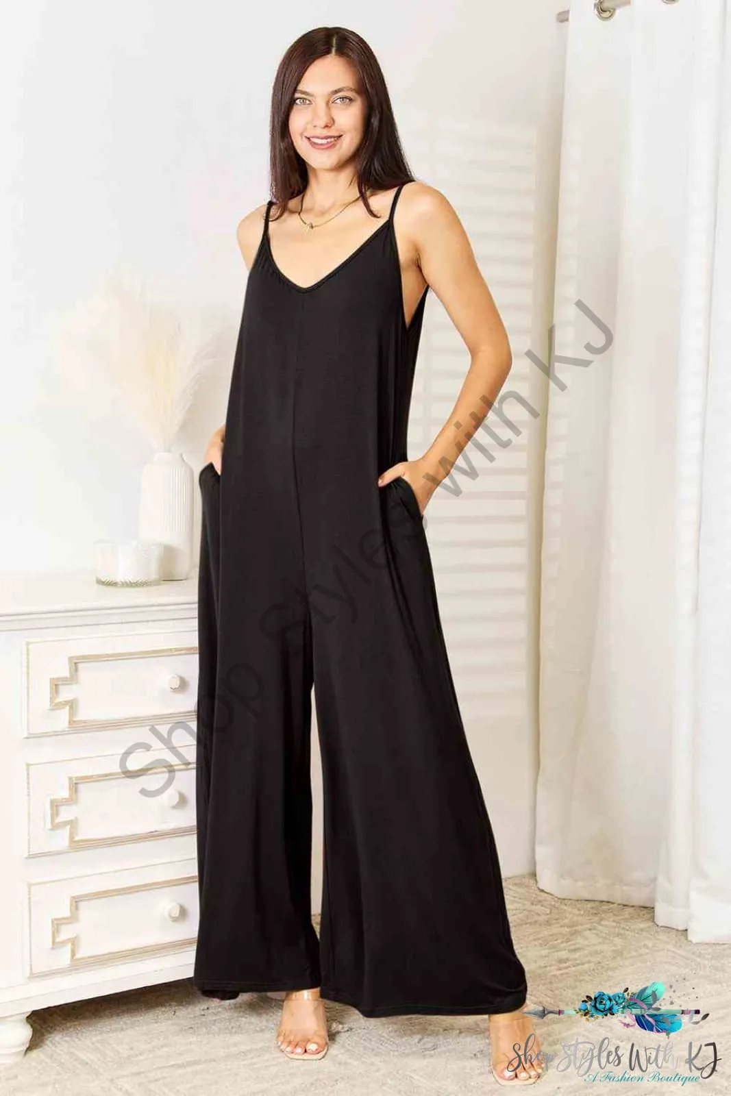 Soft Rayon Spaghetti Strap Tied Wide Leg Jumpsuit