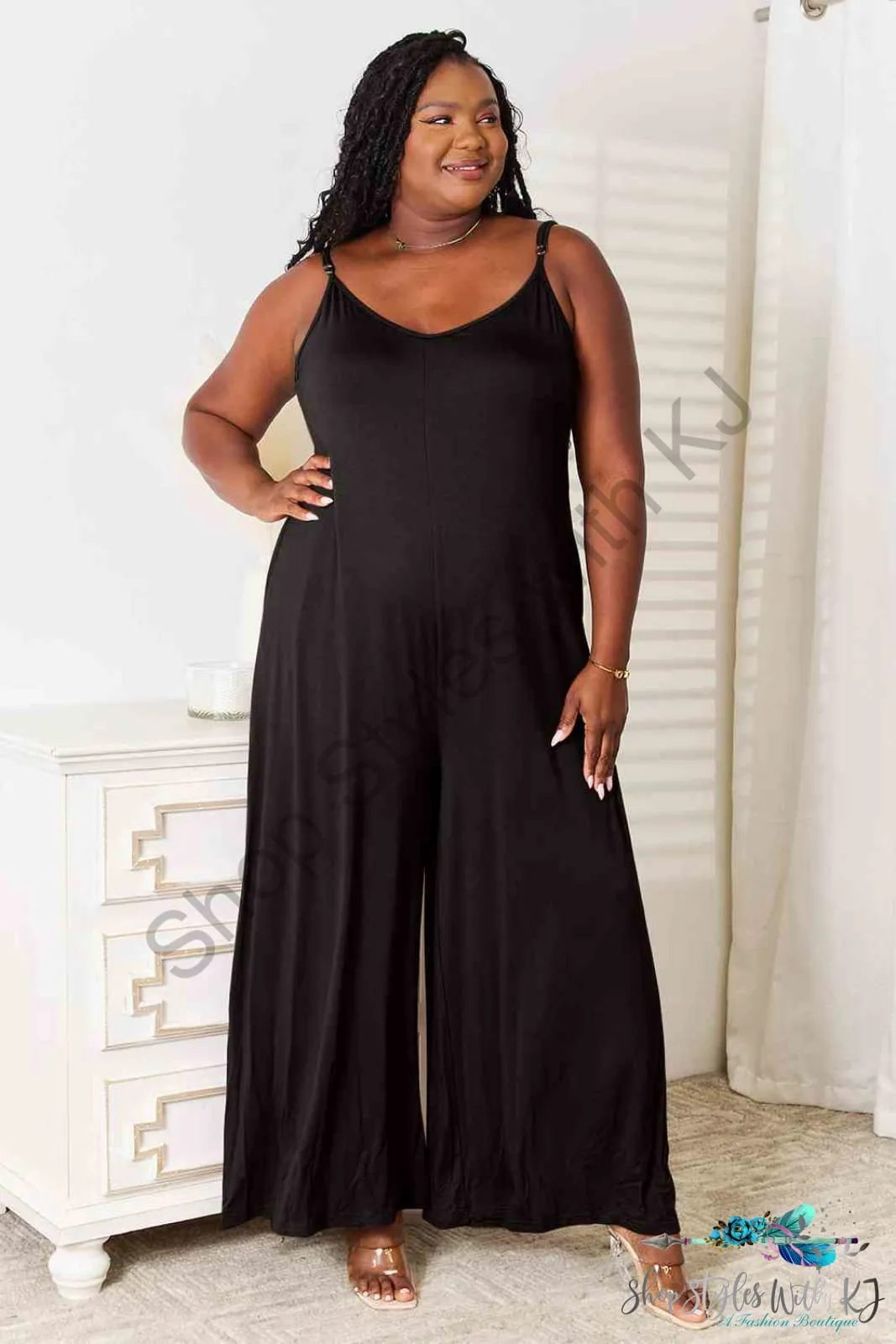 Soft Rayon Spaghetti Strap Tied Wide Leg Jumpsuit