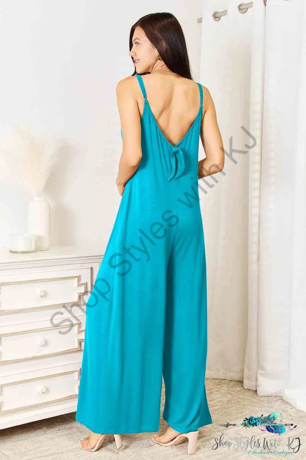 Soft Rayon Spaghetti Strap Tied Wide Leg Jumpsuit